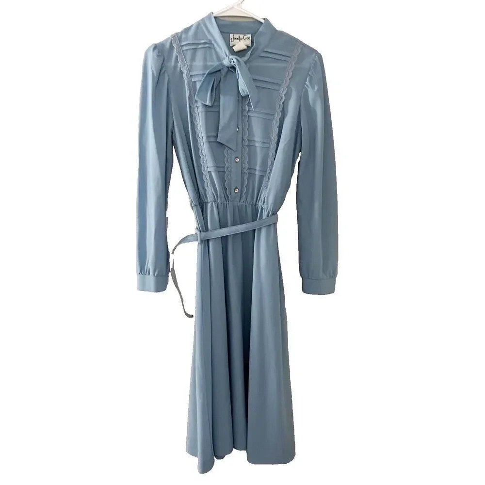 Vtg 70s Jennifer Gee Womens Blue A Line Dress 10 Lace Pleated Long Sleeve Belt